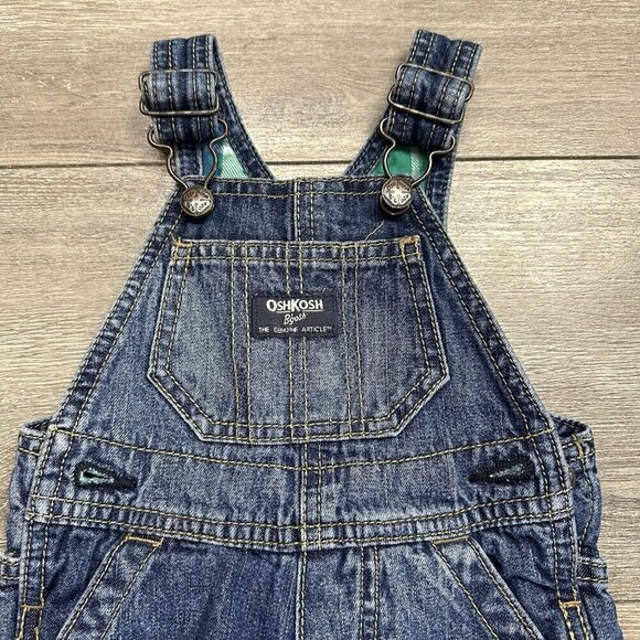 OshKosh B'gosh Overalls All over Denim Size 6 months Carpenter Style Plaid Lined - Picture 3 of 5